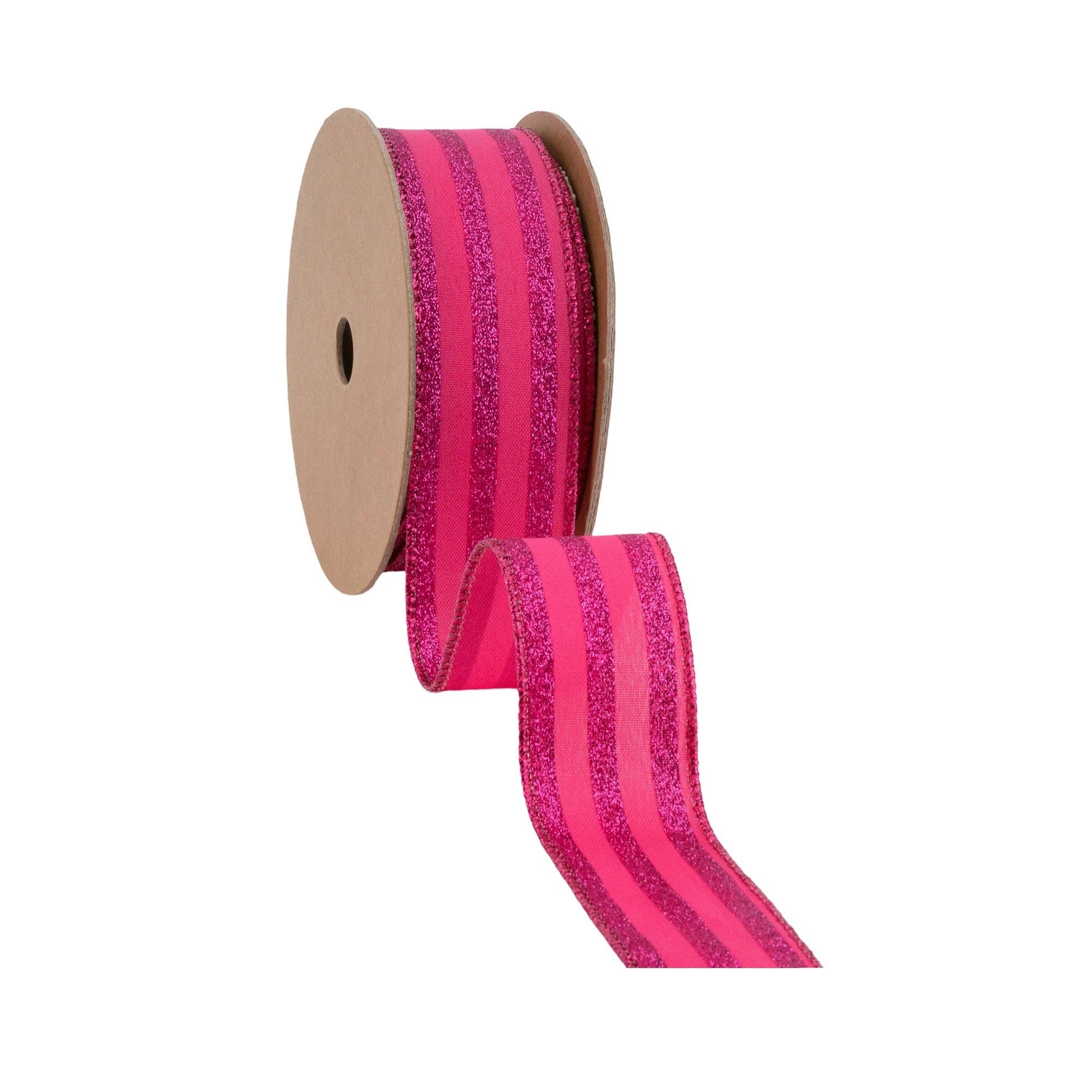 LA Ribbons Wholesale – wholesale Ribbon – Gift wrapping – 1 1/2" Wired Ribbon | Hot Pink Glittered Pinstripes on Hot Pink | 10 Yard Roll2