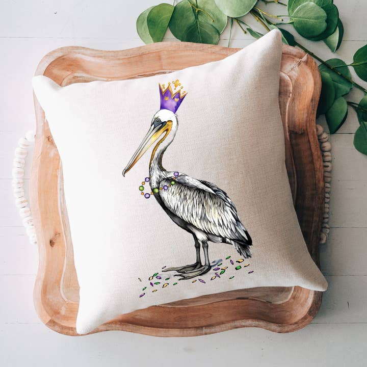 Mardi Gras Pelican Pillow for wholesale by Pelican Provision Co.