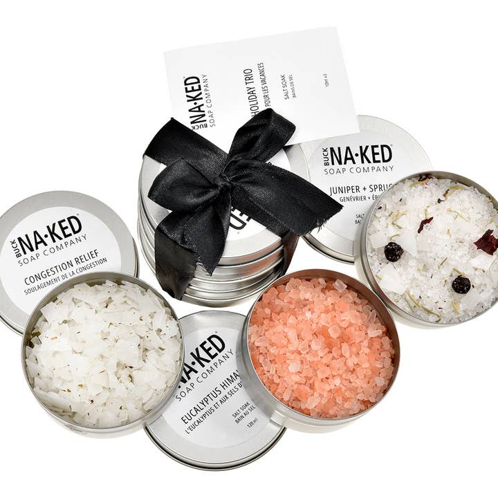 Holiday Mini Salt Soak Trio for wholesale by Buck Naked Soap Company