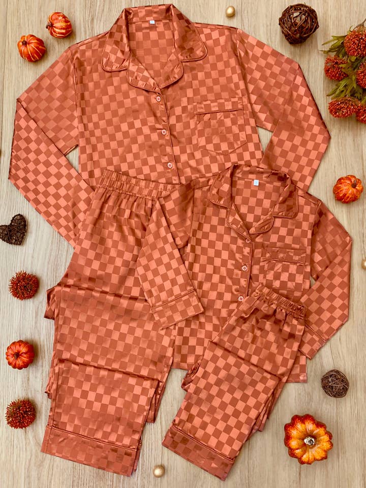 Orange Mommy and Me Pumpkin Spice Checkered Silk Pajamas for wholesale on Faire2