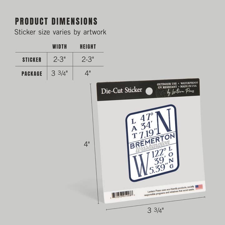 Lantern Press – wholesale Sticker – STICKER Bremerton, Washington, Latitude and Longitude (Blue)4