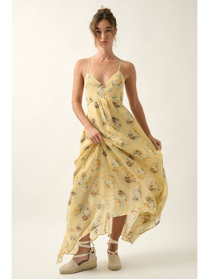 SUNSHINE Floral Swiss Dot Chiffon Handkerchief Maxi Dress for wholesale on Faire