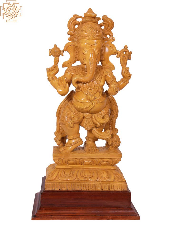 23" Dancing Lord Ganapati White Wood Statue for wholesale by Exotic India Art
