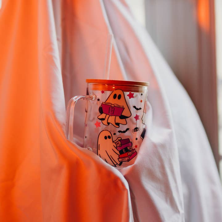 Sip-Sip Hooray! - Wholesale Drinking Glass/Cup - Ghosts and Books 17oz Glass Mug With Lid and Straw2