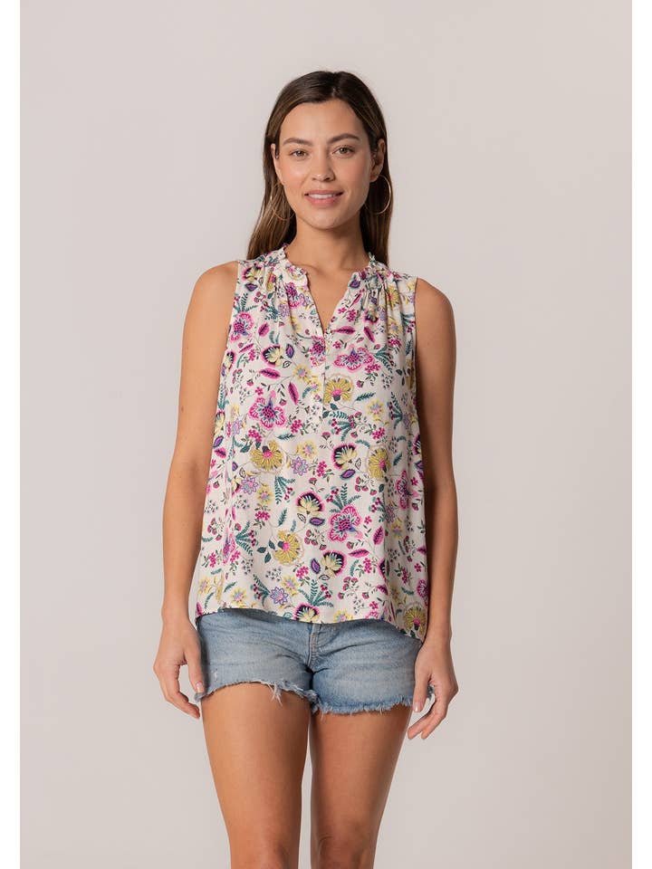 Natural Yellow Vibrant Floral Ruffle Neck Sleeveless Top for wholesale on Faire