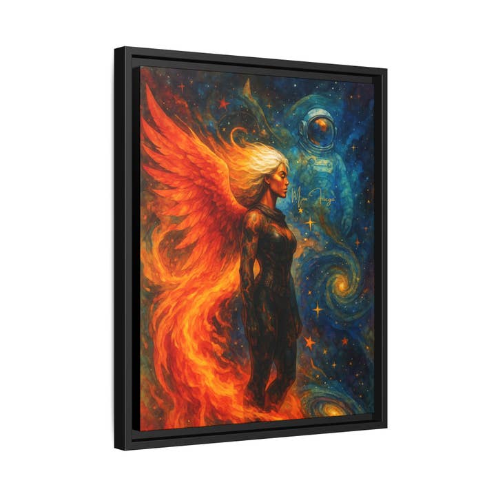 54 Mondays™ Project | Heat and Hollow – Beverly Hills Edition | Fire-Wing Warrior & Astronaut Cosmic Noir Portrait | Limited Gold Max Fuega™ Signature | FSC-Certified Framed Matte Canvas for wholesale by Buy Martian Merch™