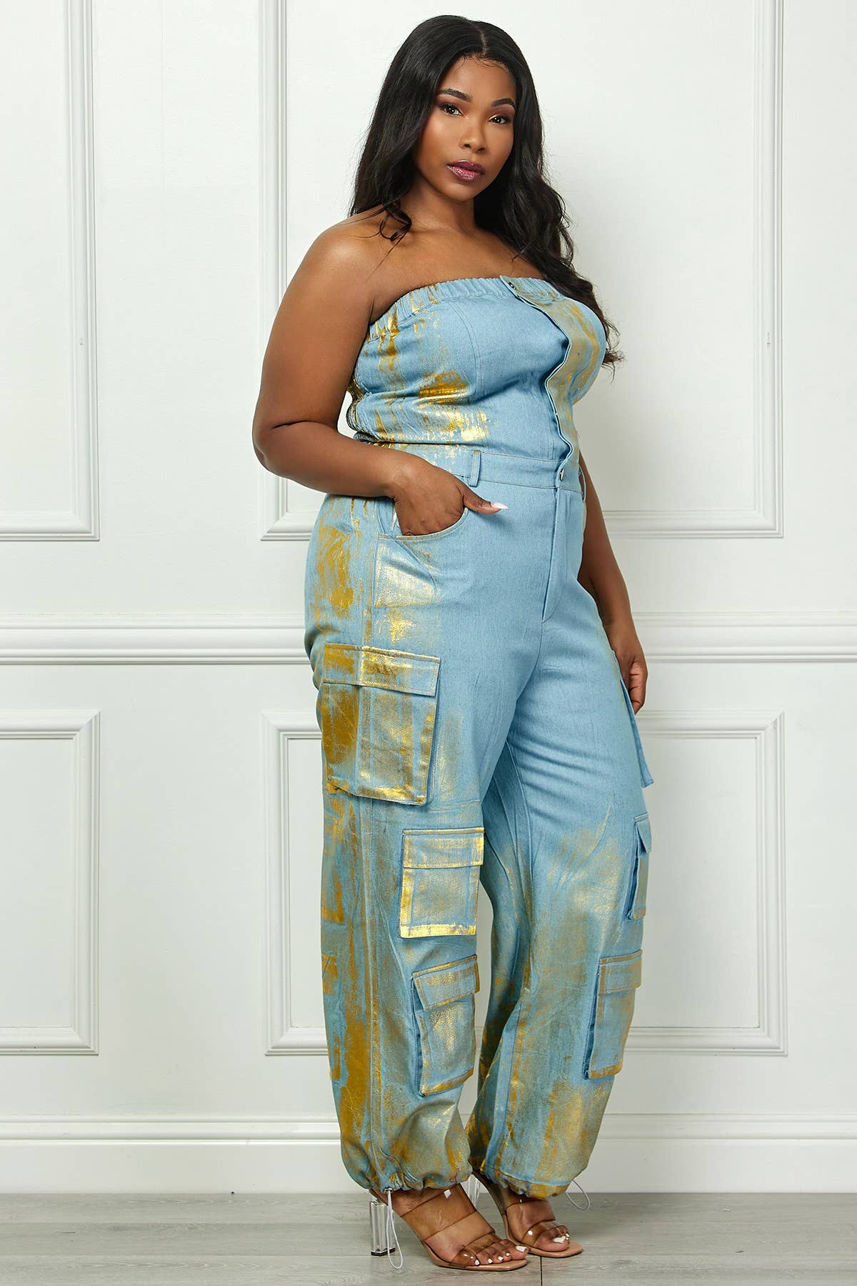 Namatt Design - Venta al por mayor Peto - Mujer - Mono de mezclilla cargo con recubrimiento vintage metálico y top tubo para tallas grandes1