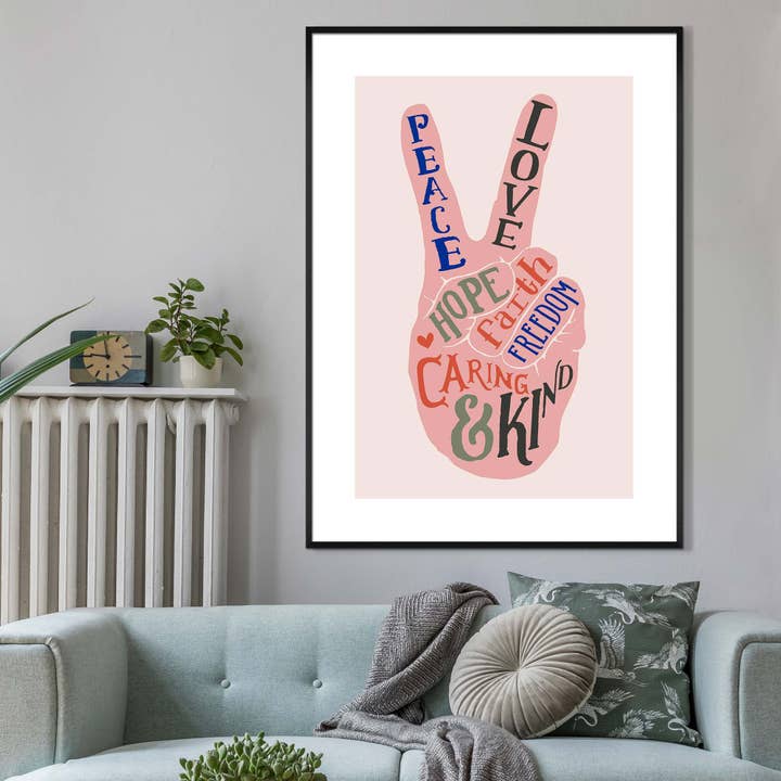 Peace Fingers Typography Block Colour Print for wholesale by Ink & Drop