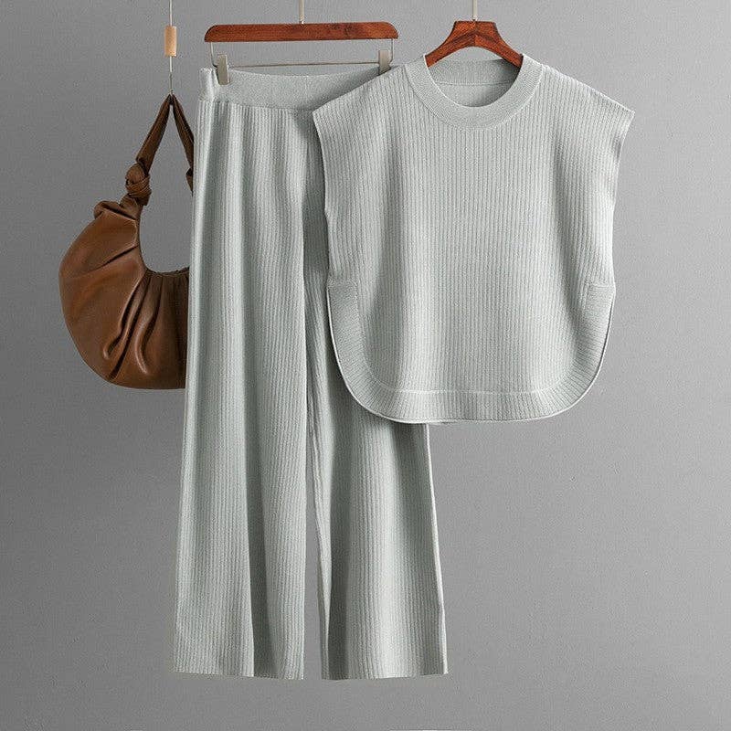 Sheer Trend - Vente Ensemble haut et pantalon (PAS d'intérieur) - Femme - Ensemble Débardeur Uni en Maille et Pantalon à Jambes Larges3