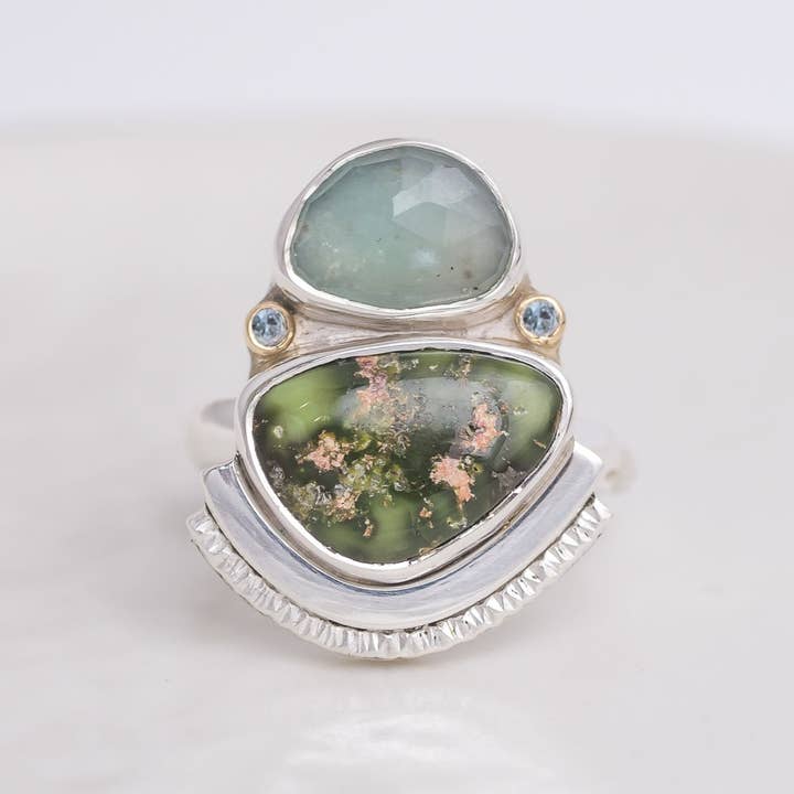 Encompass Ring ◇ Peruvian Opal + Sonoran Turquoise + Aquamarine ◇ Size 6.5 for wholesale by Mahka Jewelry
