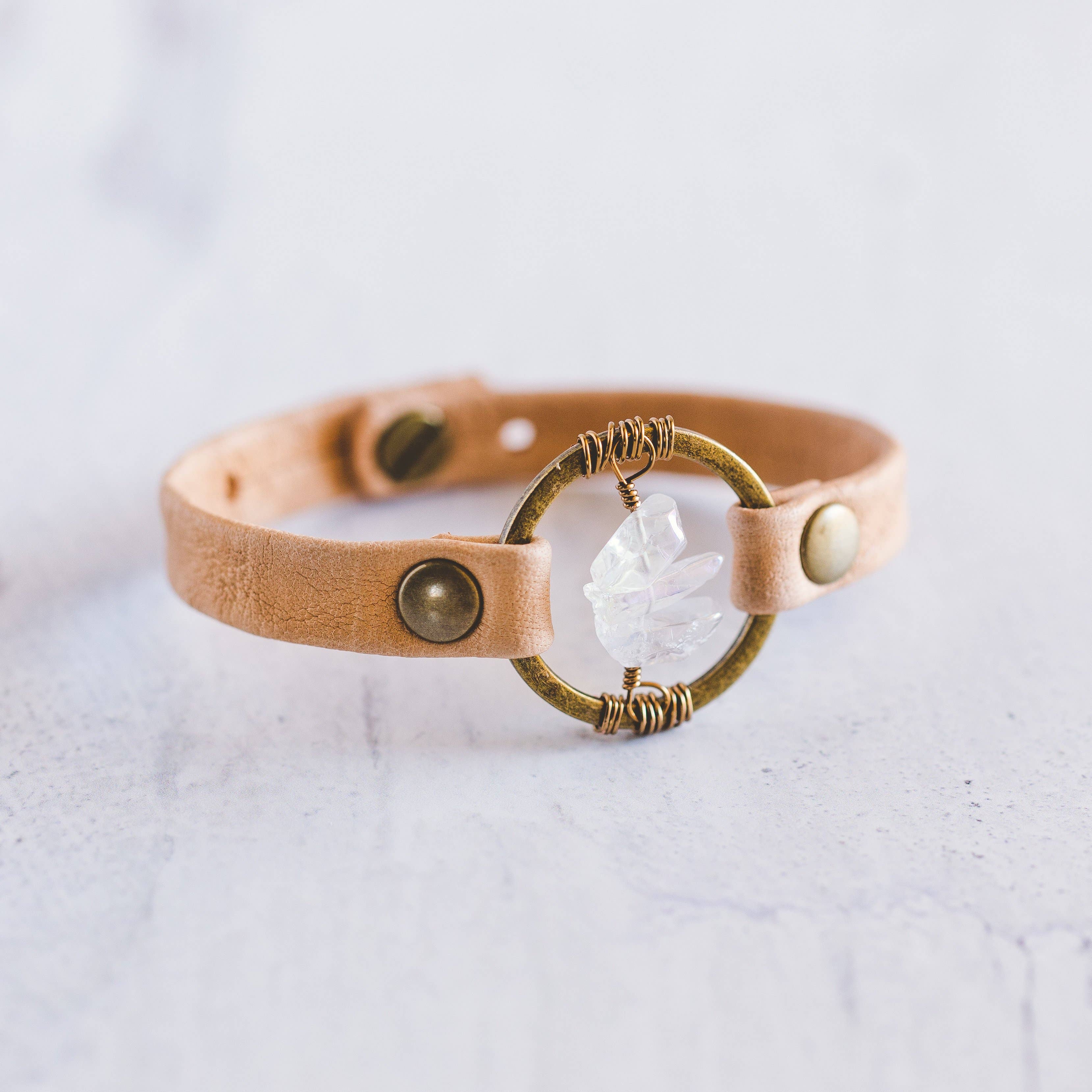 Giving Bracelets - Wholesale Bangle Bracelet - Be the Light Leather Bracelet-Antique Brass-Quartz Crystal4