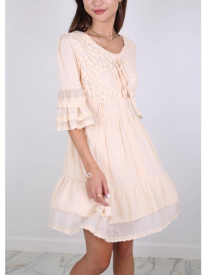 Anna Kaci Wholesale - Wholesale Dress - Women's - Boho Peasant Floral Lace Ruffle Hem Bell Sleeve Mini Dress