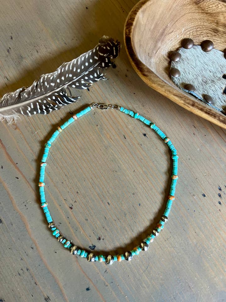 16” Heishi Turquoise, Spiny Mojave Copper and Turquoise Bead Necklace with Sterling Pearls for wholesale by Indian Creek Mercantile