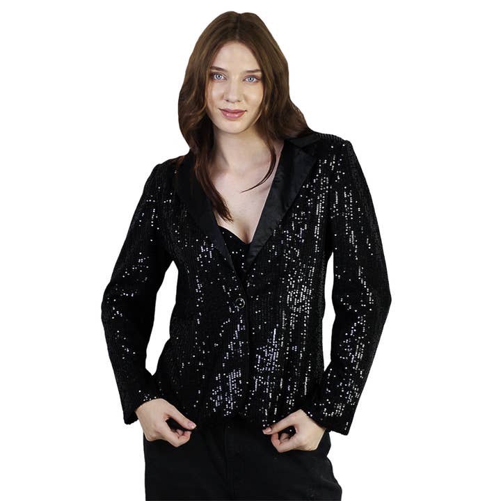 Artyska Dames Lange Mouw Satijnen Pailletten Blazer Jassen Feestelijke Glanzende Jas voor wholesale door Artyska