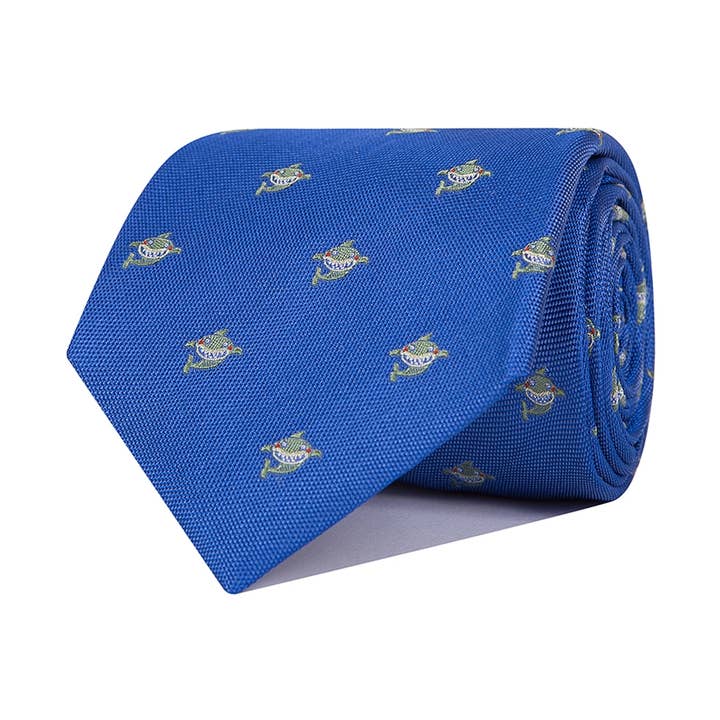 Cravatta in seta blu e verde con squalo per la vendita all'ingrosso da parte di Ox Gemelos