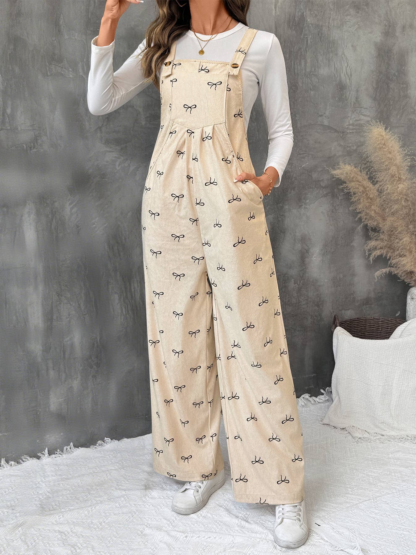 Beige Wide Leg Corduroy Overalls with Bow Print Design for wholesale on Faire2