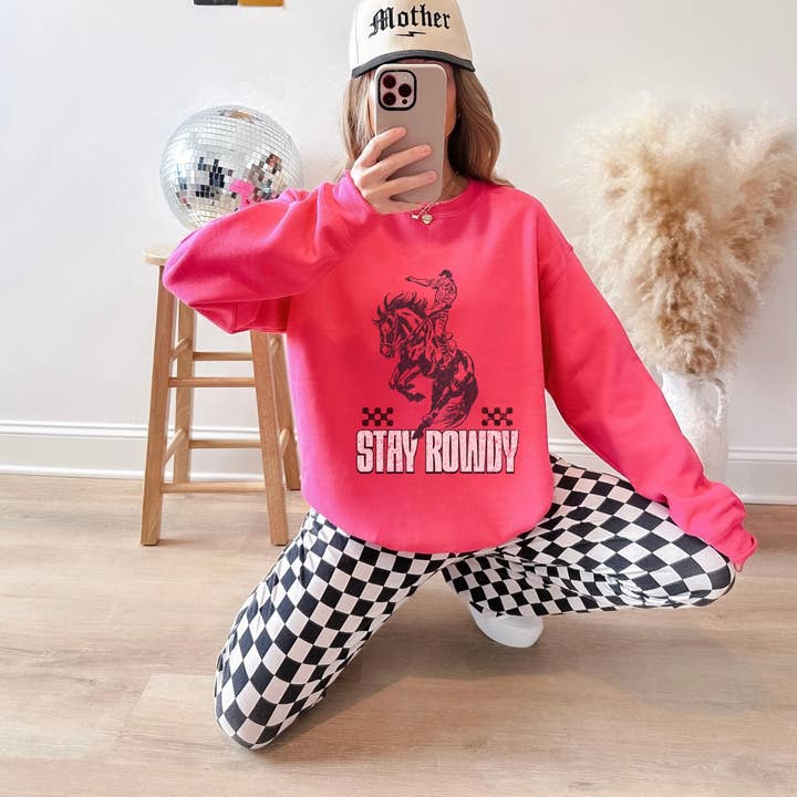 Stay Rowdy Cowboy Checkered Graphic Sweatshirt for wholesale by Lucy + Company