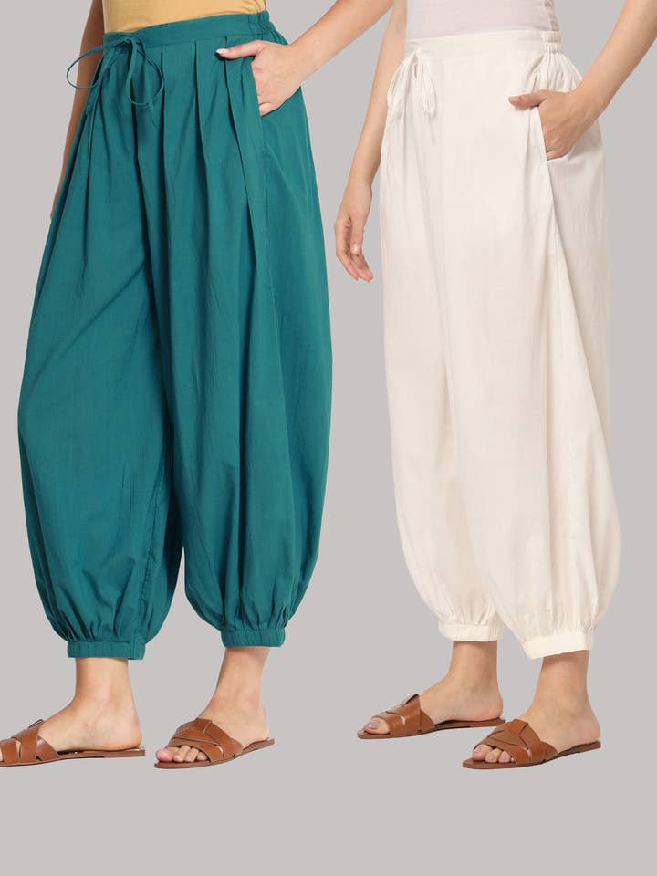 Par de Salwar 100% Algodão - Azul Petróleo Escuro & Branco por atacado de Thevasa