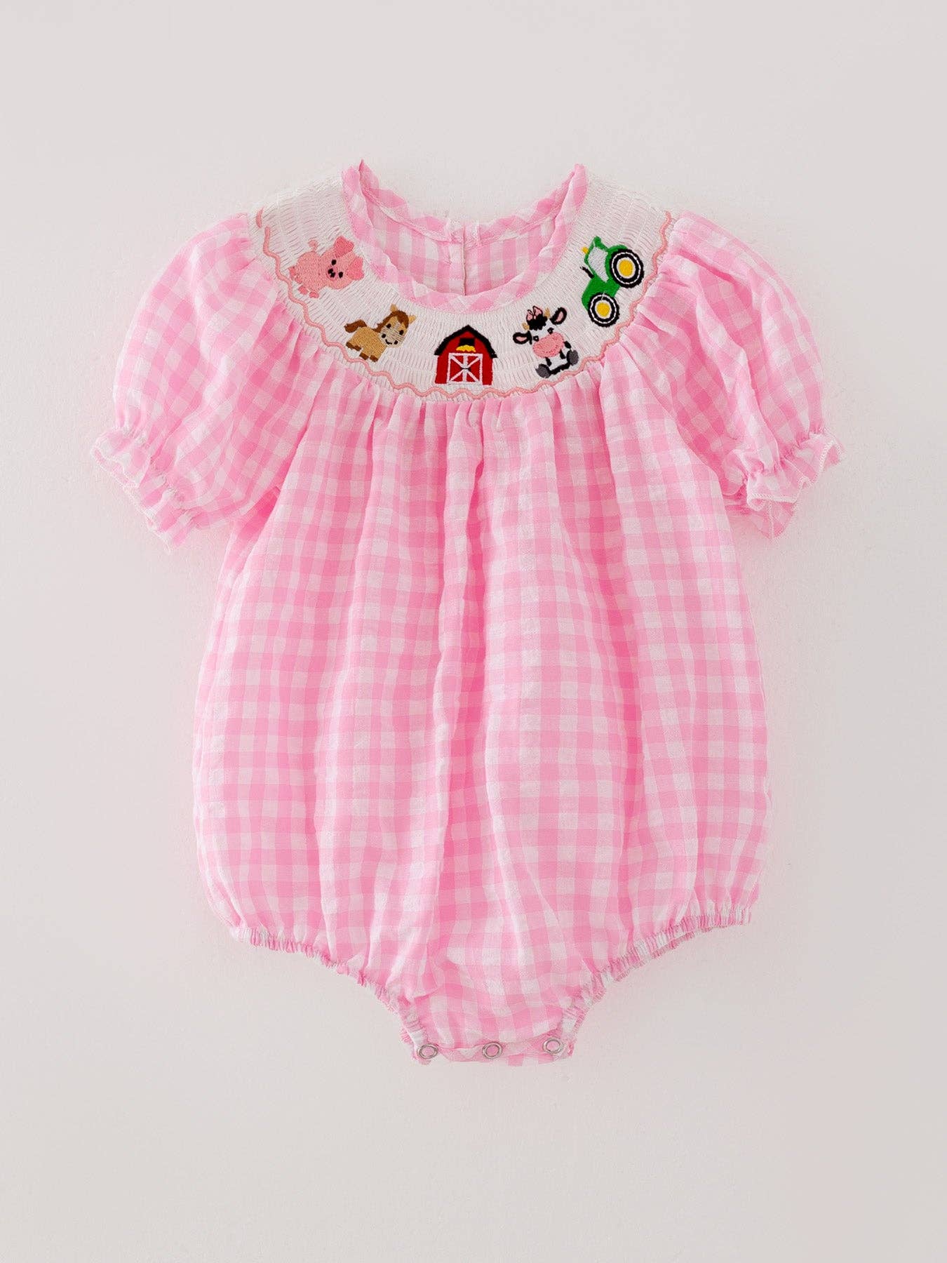 Rylee Faith Designs – Engroshandel Romper - Baby – Farm Pink Smocking Broderet Romper til piger3