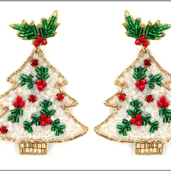 White with Green and Red Seed Bead Christmas Tree 2.5" Earring for wholesale by What's Hot