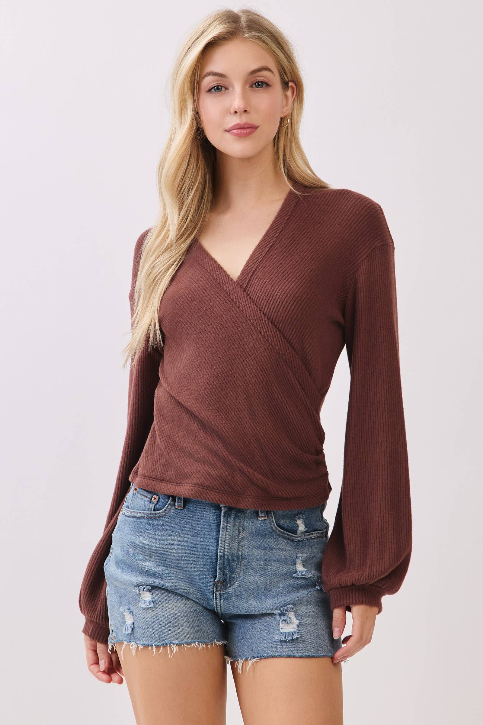 Final Touch - Wholesale Knit Top - Women's - Brush Ribbed Surplice Long Sleeve Top - NT315417