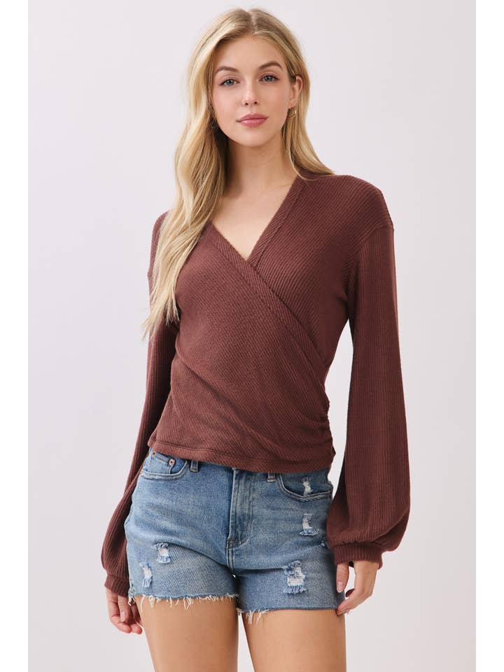 Final Touch – Engroshandel Strikket top - Dame – Børstet Ribbet Surplice Langærmet Top - NT315417