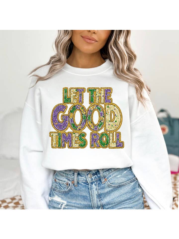Cypress Slough Outfitters - Wholesale Graphic Sweatshirt - Women's - DTF Faux Sparkle - Mardi Gras Let the Good…. White Sweatshirt