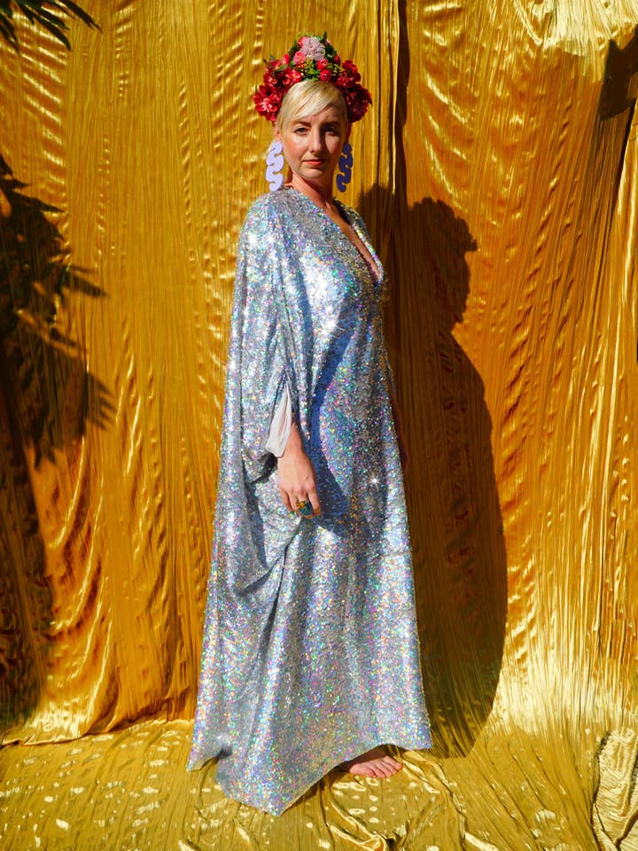 Fumbalinas - Wholesale Kaftan - Women's - Silver Metallic Holographic/ Sequin Kaftan Gown / Dress4