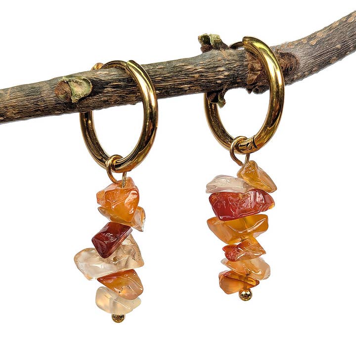 18K Real Gold Plated Stainless Steel Huggie Hoop Carnelian Gemstone Chips Earrings for wholesale by Stylish Jewelry Supply