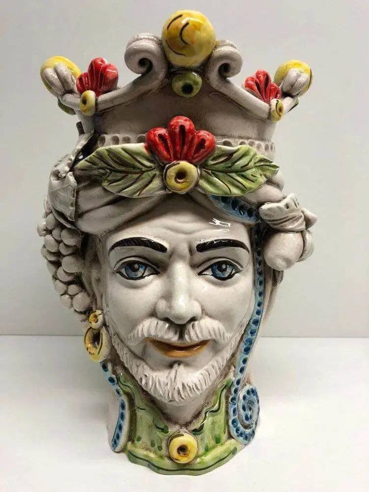 DD Ceramiche Siciliane - Vendita all'ingrosso Statuette decorative - Teste di Moro Classica Corona Sfere Giallo Ceramica Caltagirone cm H.28 L.20 Artigianale0