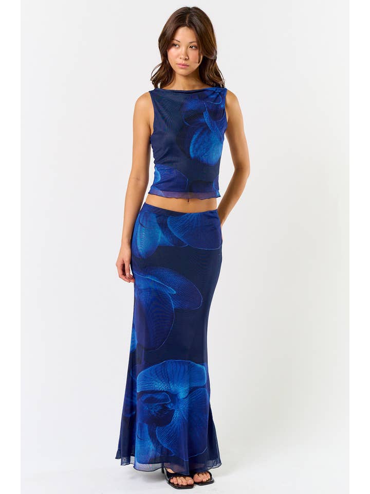 Blue BS113 FLORAL PRINTED MESH TOP W/ MIDI SKIRT SET for wholesale on Faire