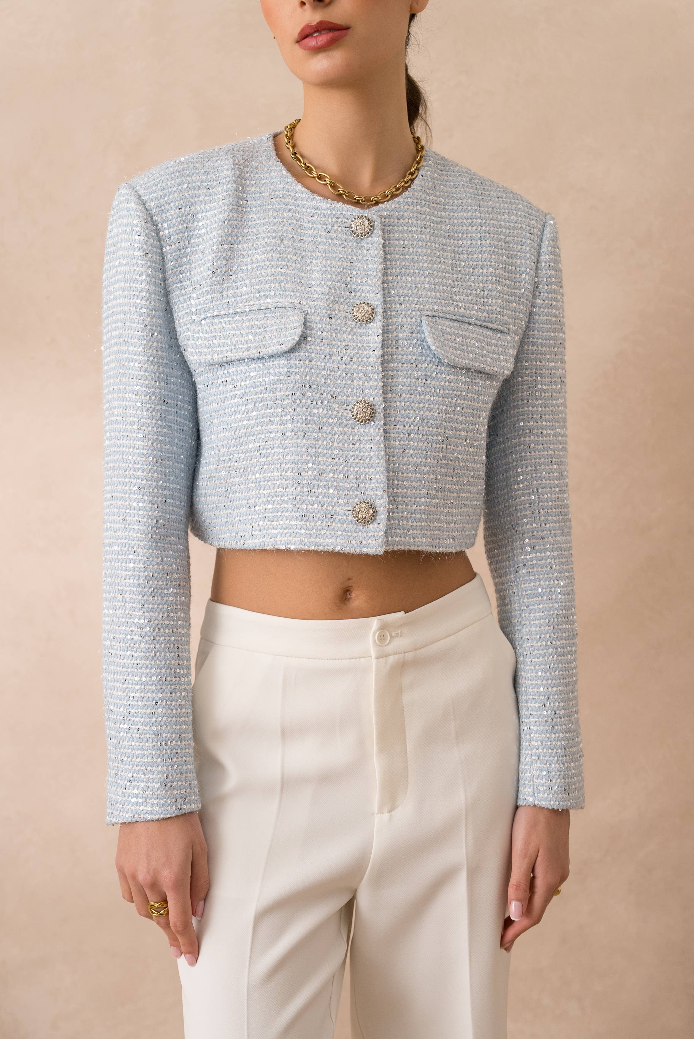 Attentif Paris – Großhandel Jacke – Damen – Kurze Tweedjacke mit Pailletten ohne Kragen9