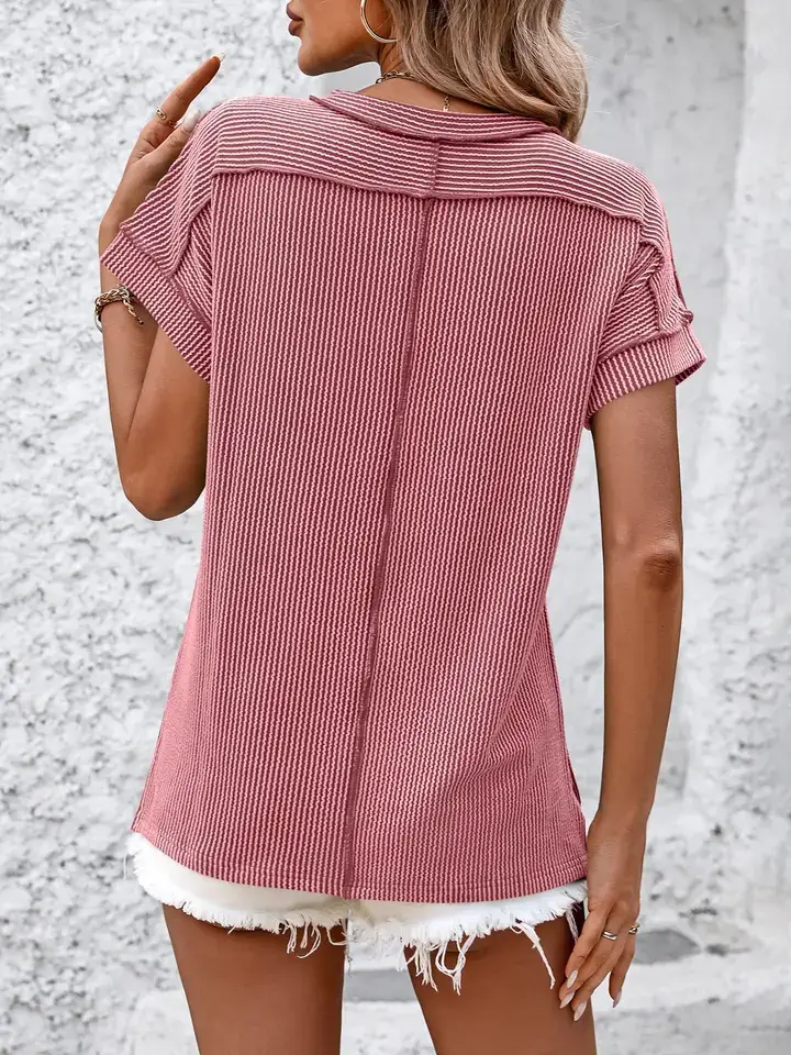 Lovesoft - Wholesale Knit Top - Women's - Backstitch Stripe Knit Short-Sleeve Casual T-Shirt1