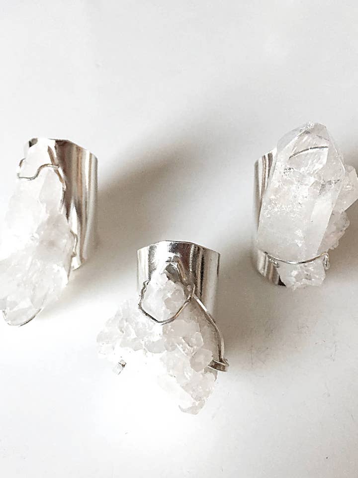 Silver plated rock crystal cuff ring for wholesale by Crystal and Sage