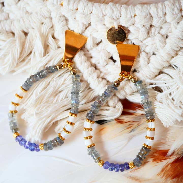 LEELA Earrings – Labradorite, Mother-of-Pearl & Tanzanite for wholesale by GINANDGER