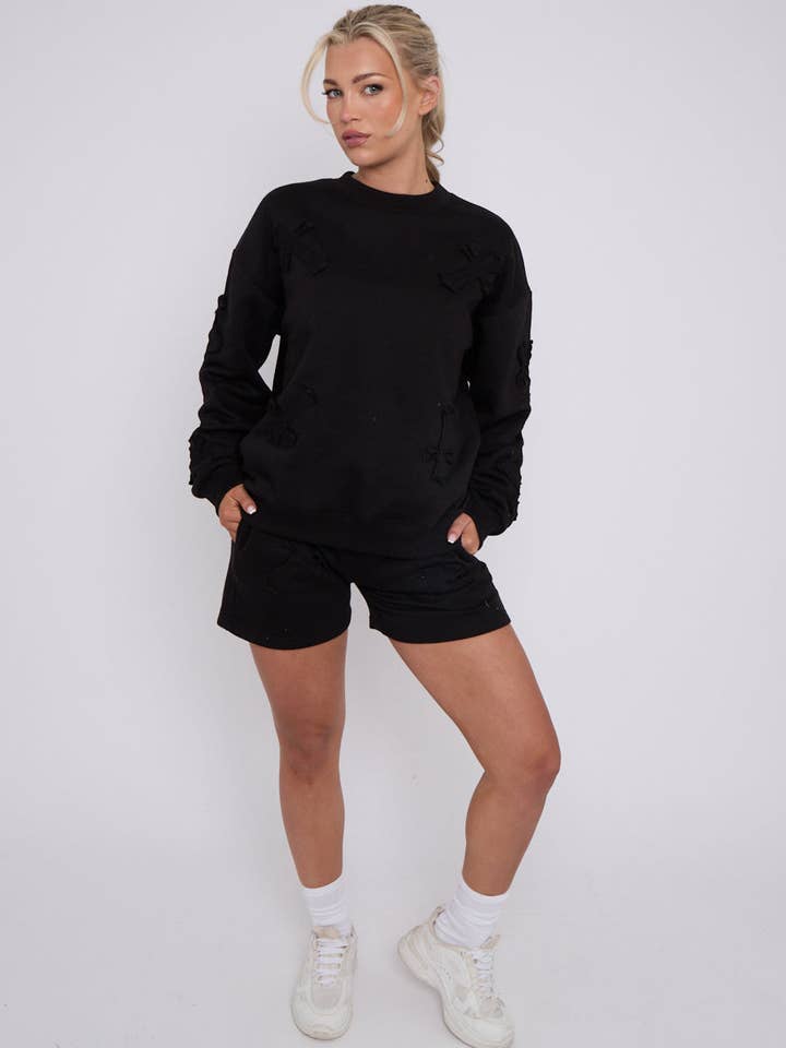 AX Labels - Wholesale Lounge Set - Women's - Crucifix Embroidered Sweatshirt & Shorts Fleece Co-ord2