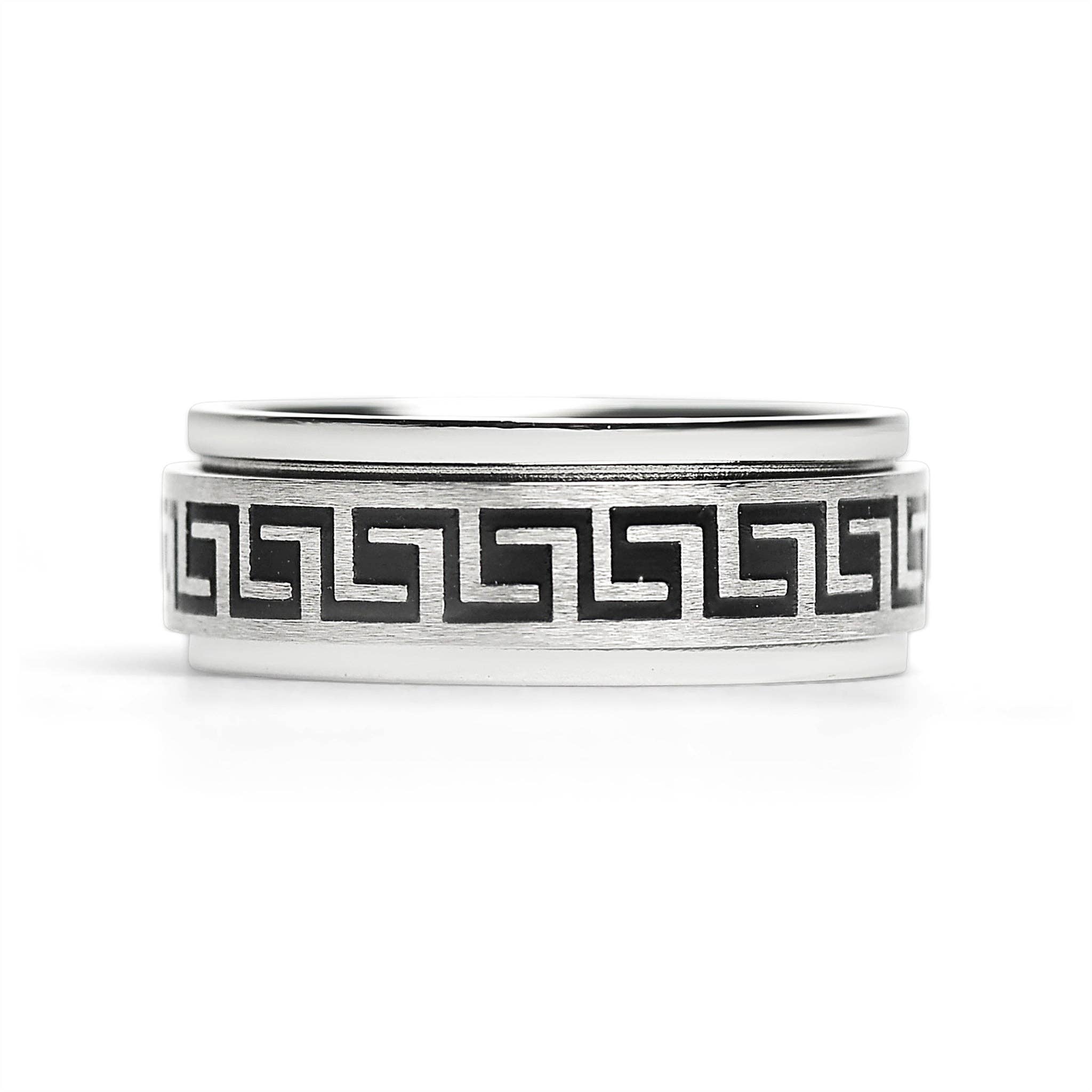 WJW - Wholesale Band/Stacked Ring - Black Greek Key Spinner Center Polished Stainless Steel Ring1
