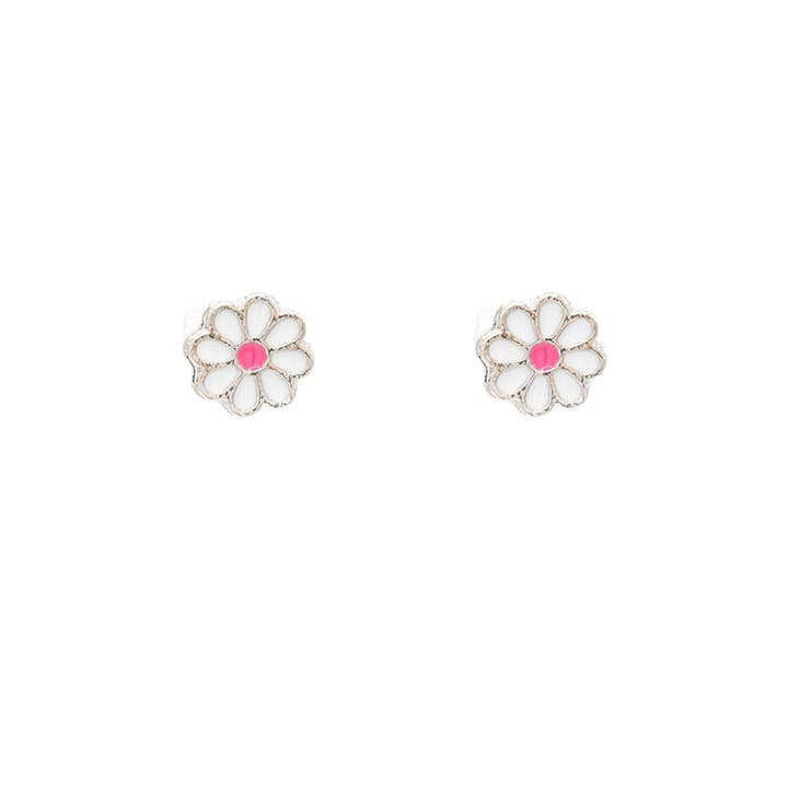 White Daisy Flower Enamel Post Stud Earring Children's Gift for wholesale by Rebecca Accessories LLC
