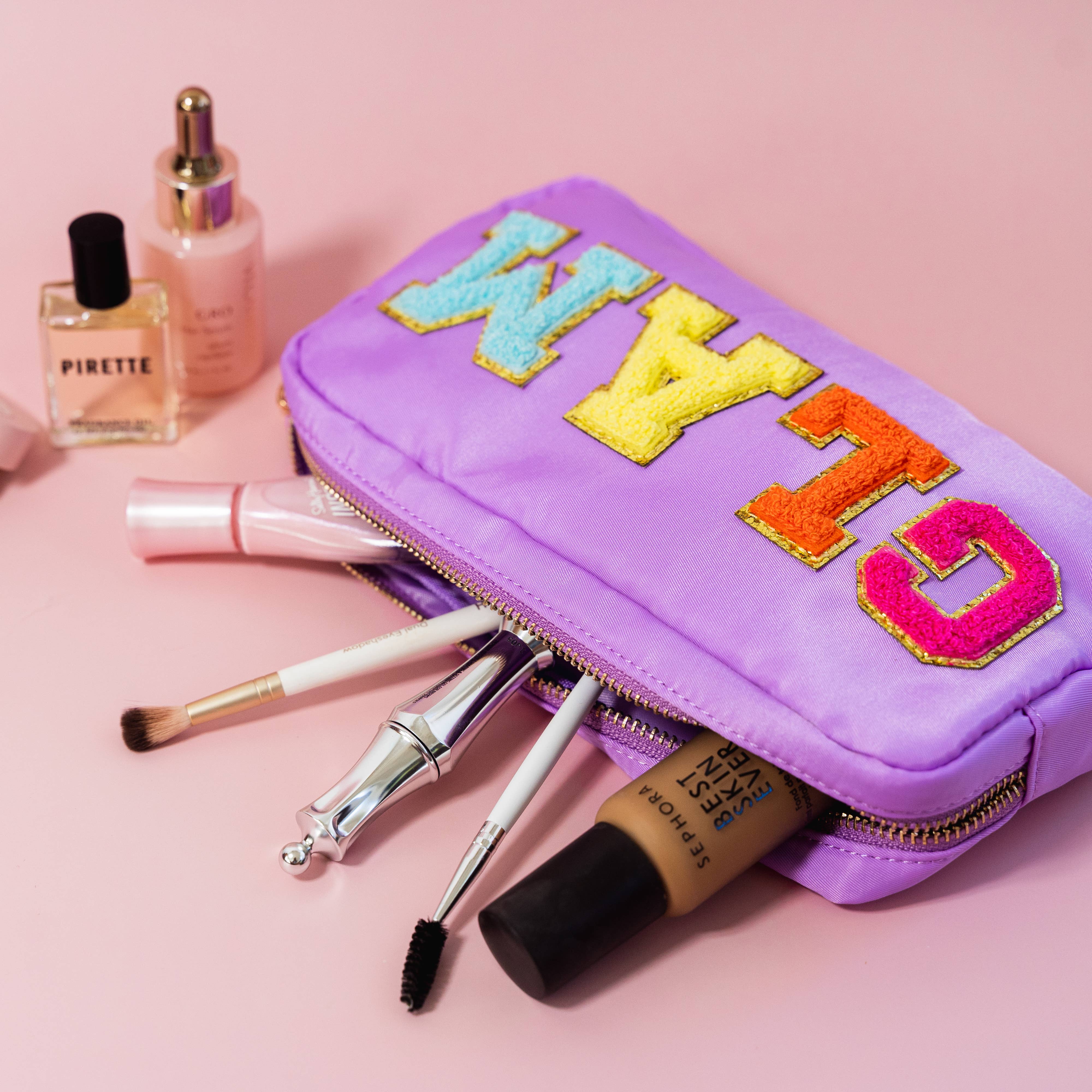 Natalia - Wholesale Makeup/Cosmetic Bag - Preppy Nylon Chenille Letter Travel Makeup Pouch - GLAM2
