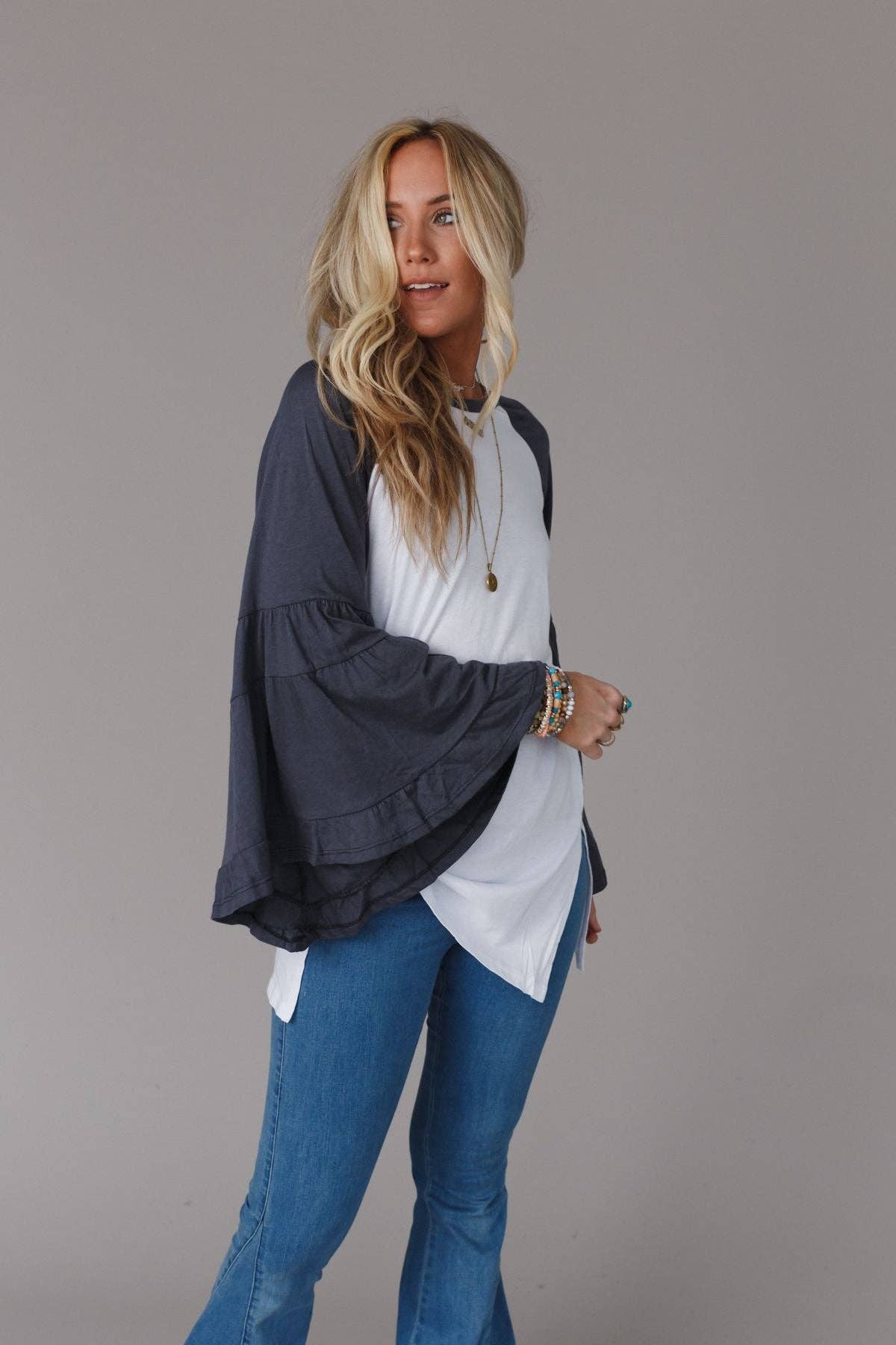 Three Bird Nest - Wholesale Tunic - Women's - Bell Sleeve Baseball Tee - Charcoal3
