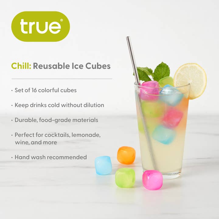 TRUE - Wholesale Drink Chilling Cubes - Chill Reusable Plastic Ice Cubes - Asst Colors - Pack of 16