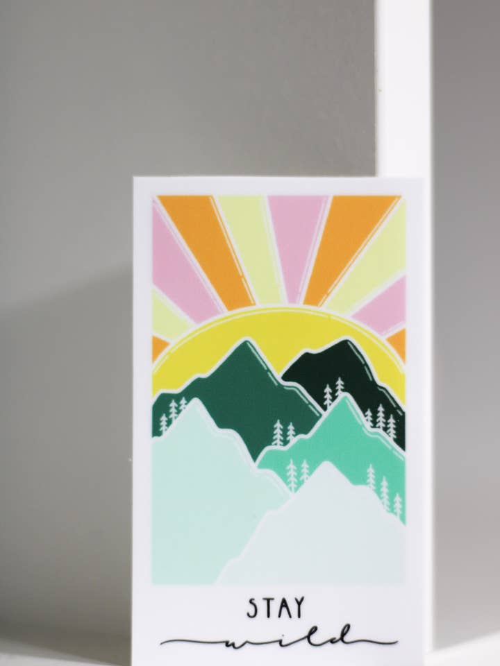Stay Wild Mountain Sunset | Autocollant Pastel Adventure pour la vente par Scribbles and Doodlez