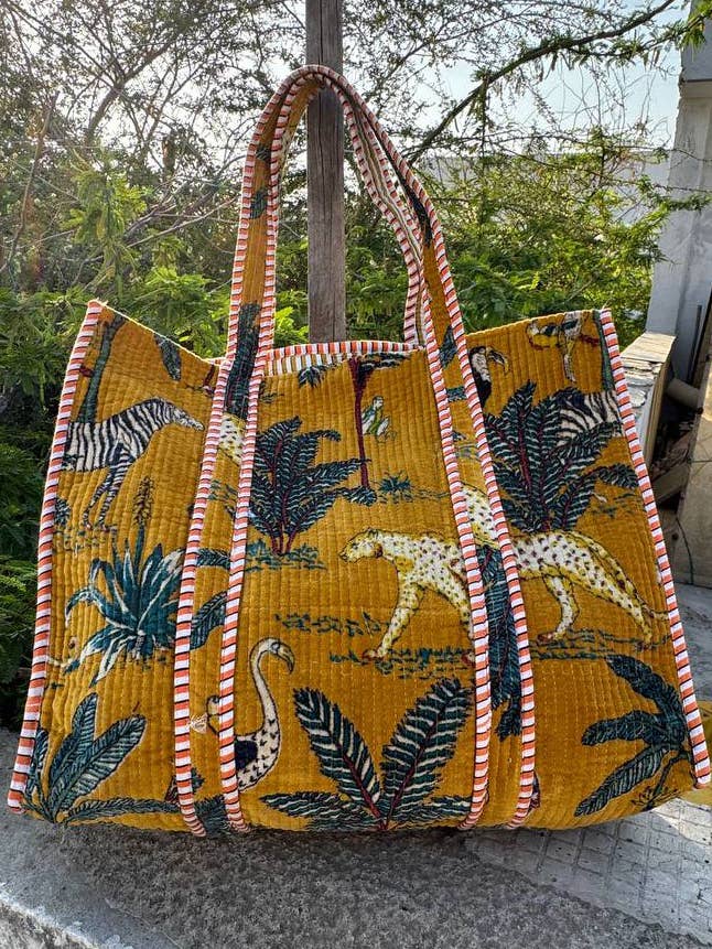 Safari Print Tote Bag Women's Velvet Bag Quilted Travel Bags for wholesale by GYPSY STUDIO
