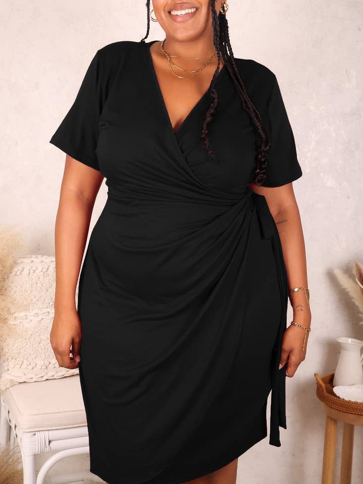 Plus Size Ruched Wrap Dress, Black for wholesale by Anna Kaci Wholesale