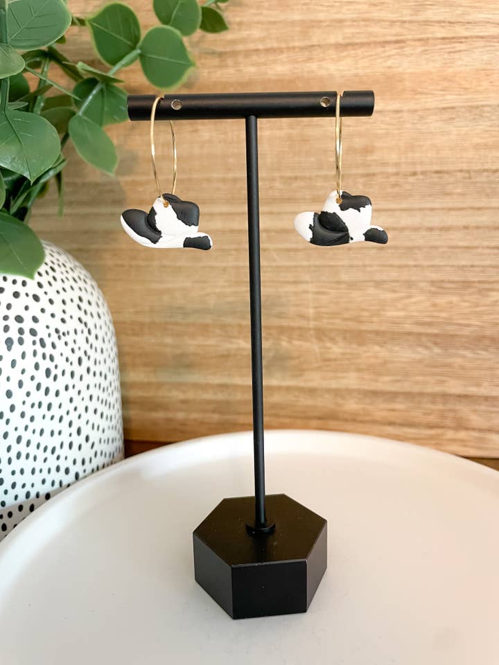 Handmade Polymer Clay Earrings | Unique Gifts for Her | Hypoallergenic Dangles | Cow Print Cowgirl Hat | Western Gifts for wholesale by Finley River | Trendy Polymer Clay Earrings | Hypoallergenic