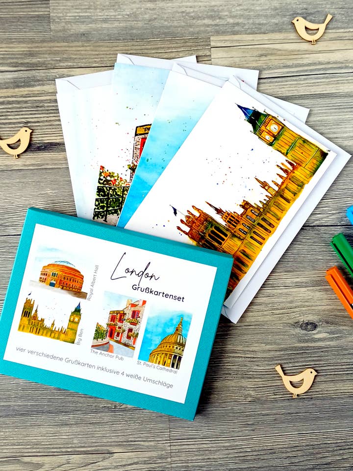 Wenskaarten cadeauset Londen – 4 kaarten met enveloppen voor wholesale door Christina Jenne Art and Design