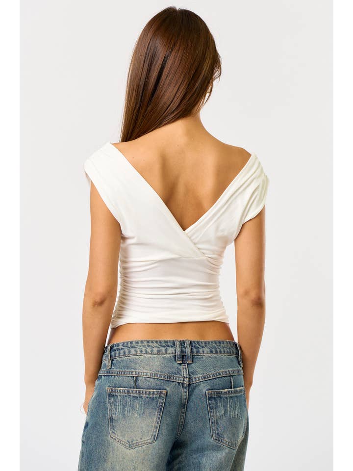 Blue Blush - Wholesale Blouse - Women's - BT25836 V-Neck Ruching Top : Can Be Worn Two Ways