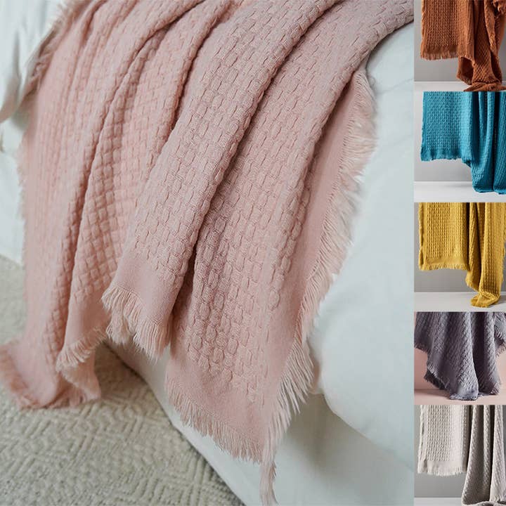 Fennco Styles - Wholesale Throw Blanket - Waffle Weave Solid 50"X60" Throw Blanket with Fringe