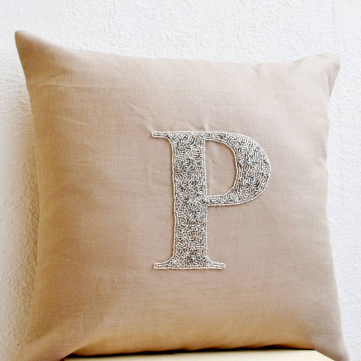 Customized Silver Sequin Monogram Pillow Cover On Beige Gray Linen for wholesale by Amore Beauté
