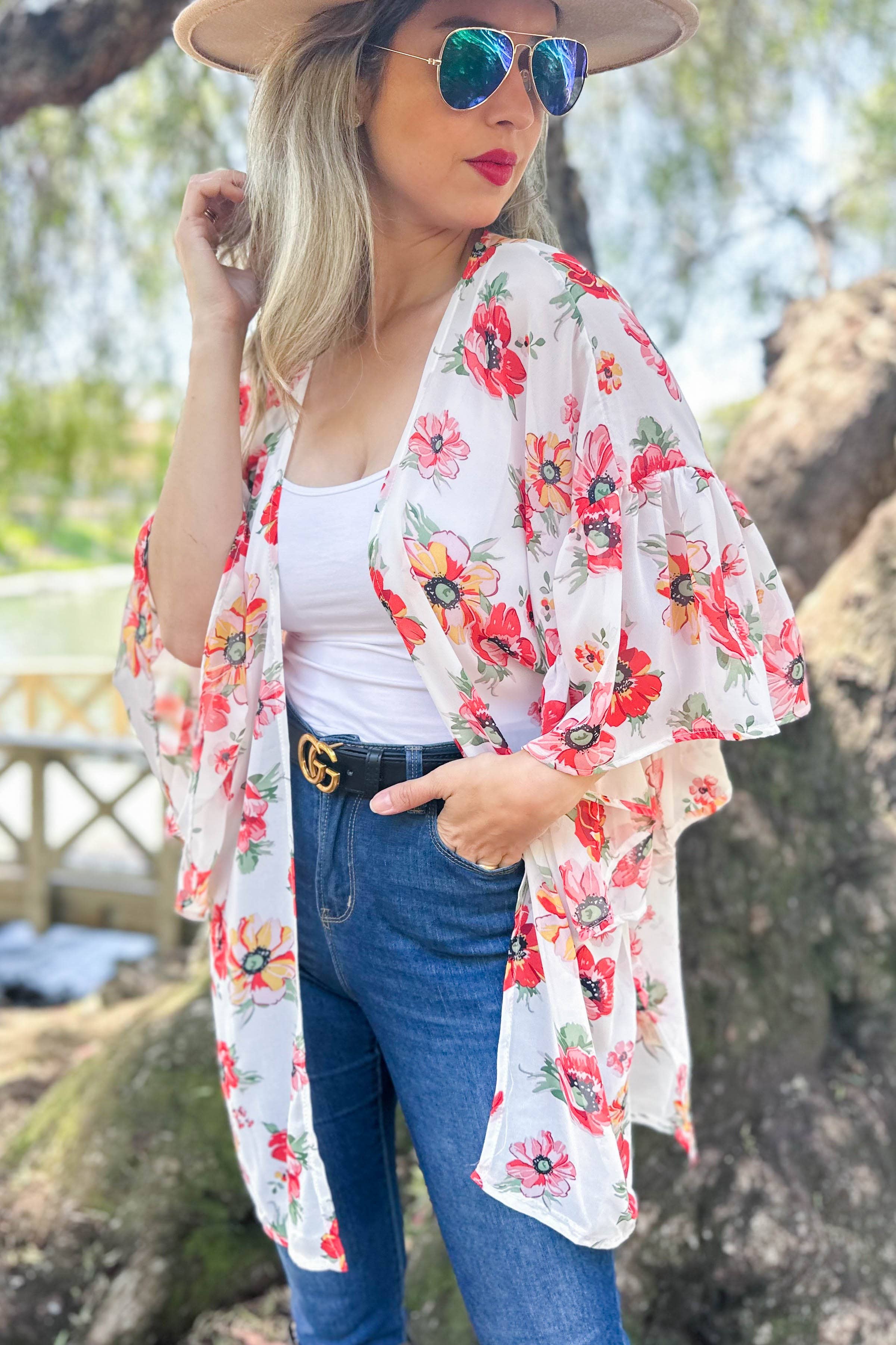 AMOLI – wholesale Kimono – Women's – Floral Printed Ruffled Sleeve Chiffon Kimono Cover-Up2